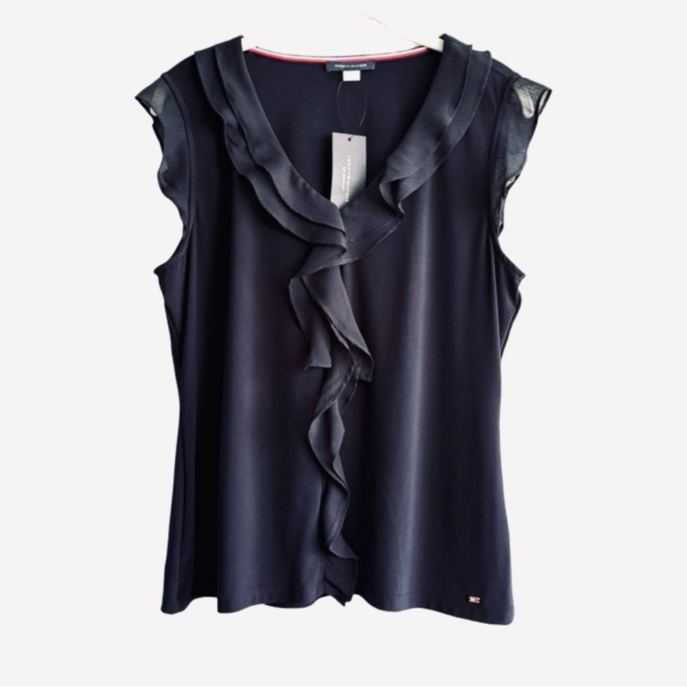 NEW Tommy Hilfiger Sleeveless Cascade Ruffle Blouse Navy Blue Size L
